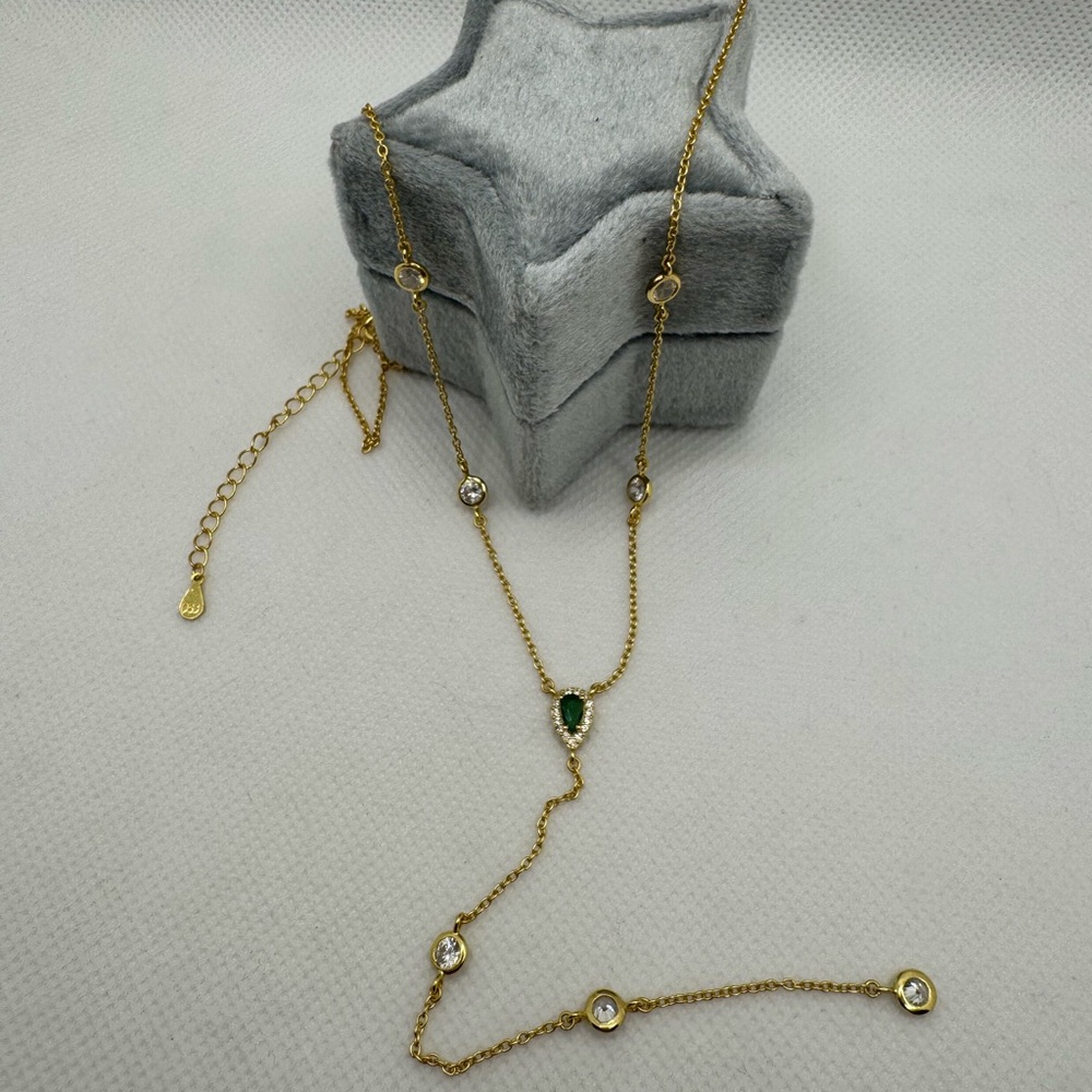 Gold Vermeil Clear CZ + Green Emerald CZ Lariat 16” Like-new